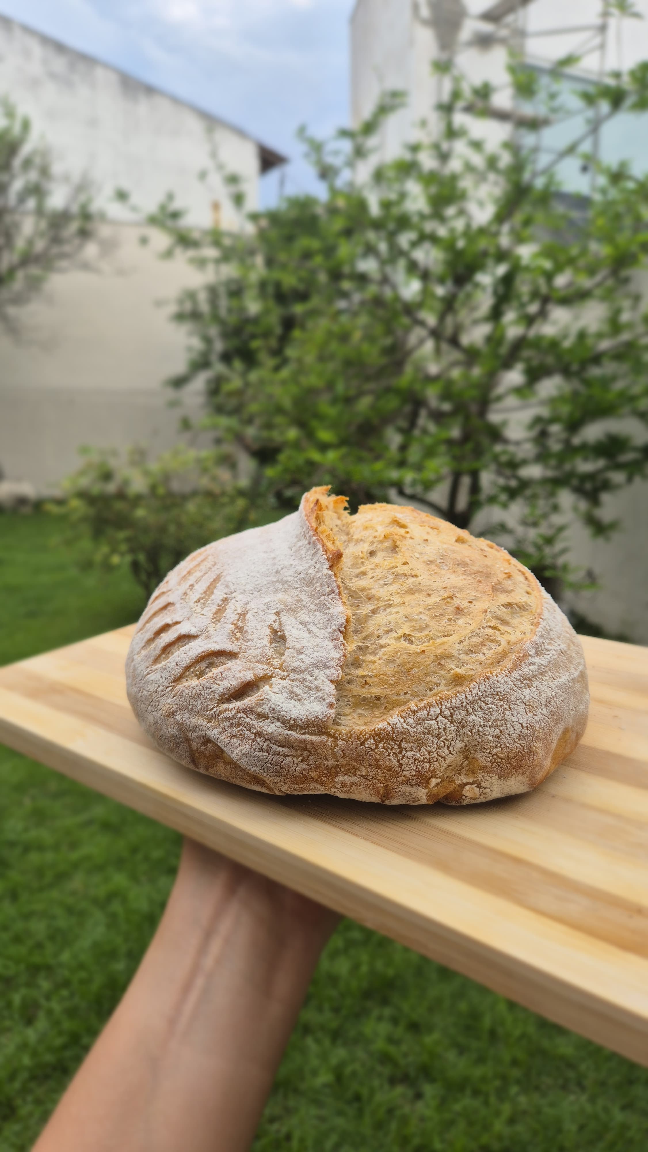 Pão artesanal sobre uma tábua, ao ar livre